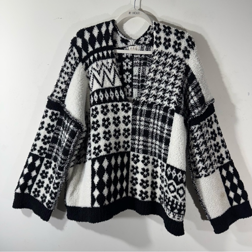 Pol Black And White Patterned Patchwork Plush Swe… - image 1